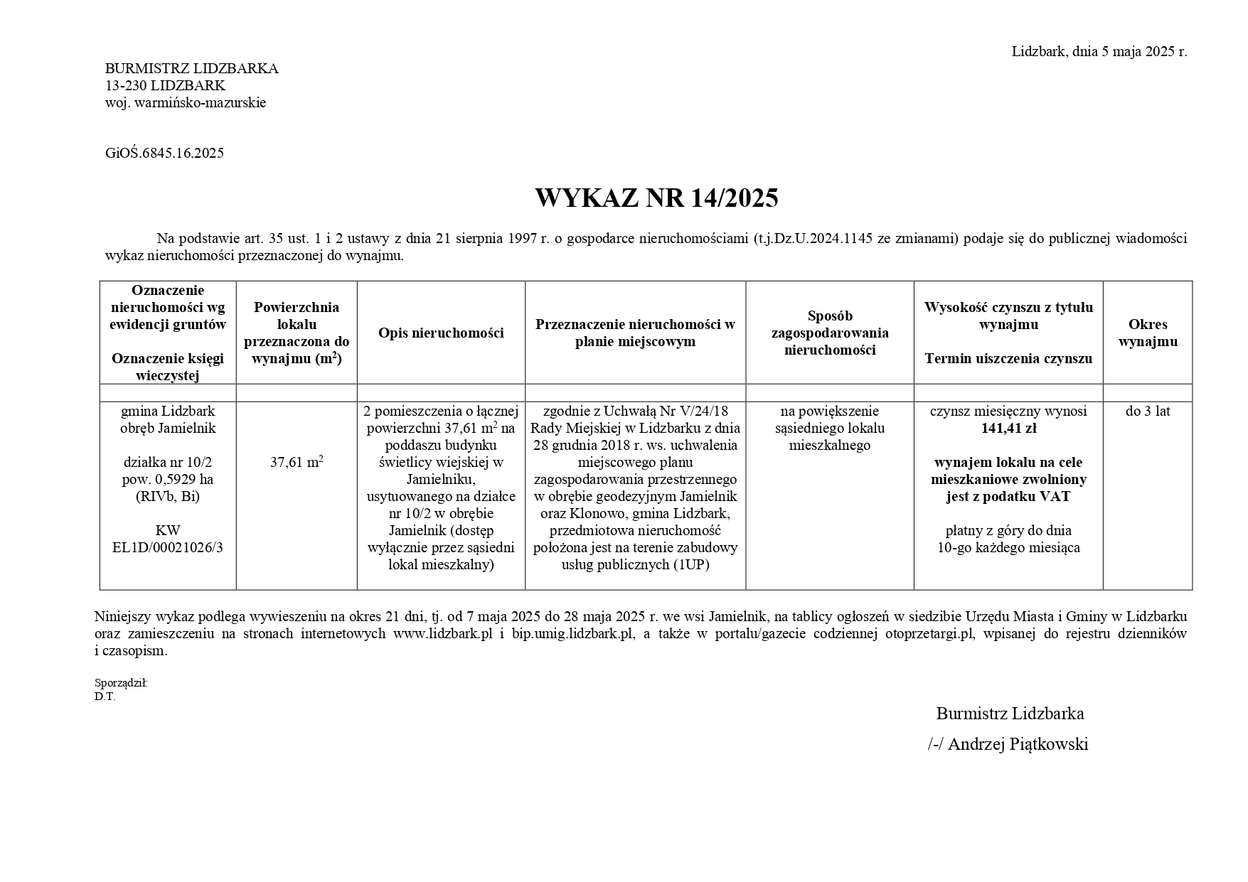 Wykaz Nr 14/2025 - Nieruchomość lokalowa do wynajmu - obr. Jamielnik dz. nr 10/2